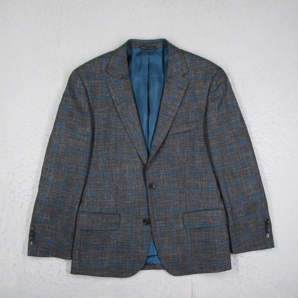 Hugo Boss Mens 38R Blazer Grey Blue Windowpane Plaid Stretch Virgin Wool Jacket